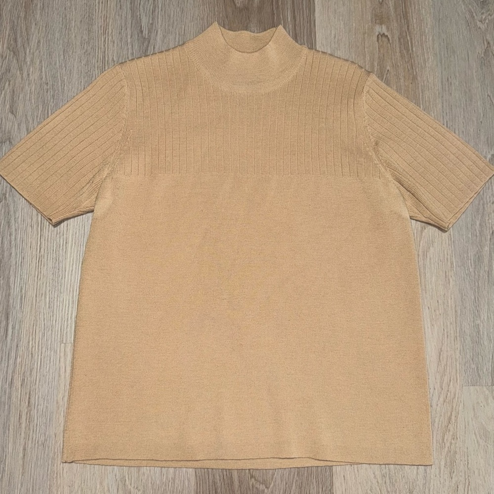 Nordstrom 100% Wool Camel Ribbed Mock Neck Short Sleeve Sweater - Size Medium